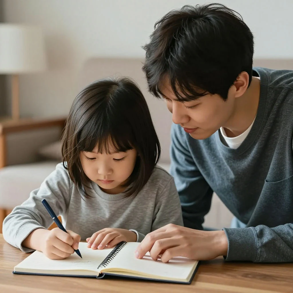 부모와 아이가 함께 문제 해결책을 찾는 모습