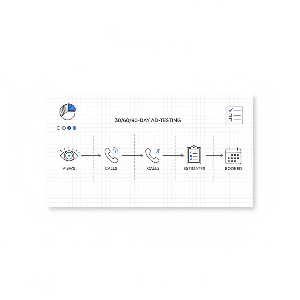 Minimal vector notebook-style 30/60/90 ad testing timeline with icons showing views→calls→estimates→booked on a white background &mdash; is Yelp worth it for contractors