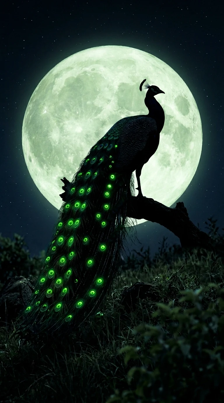 Peacock Silhouette with Glowing Green Feathers under a Full Moon - Free 4K mobile Wallpaper