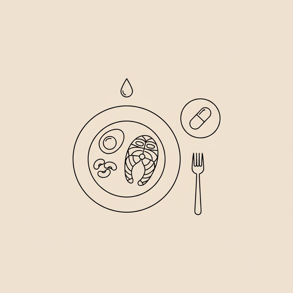 Minimal Tonum-style line illustration of a plate with high-protein foods, a single capsule circled, a water droplet and a fork on beige background — best appetite suppressants