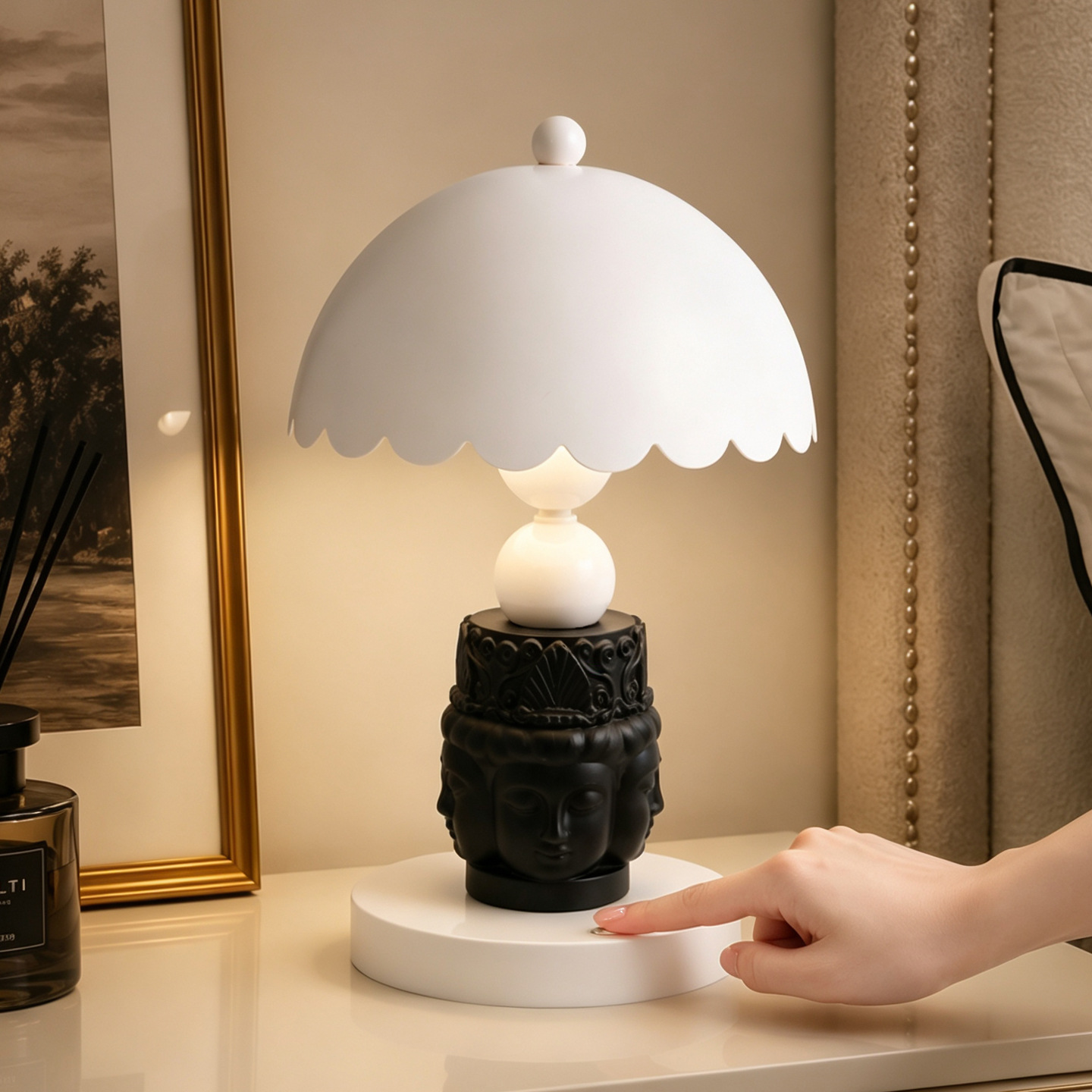 Faceted Buddha Table Lamp, Black and White