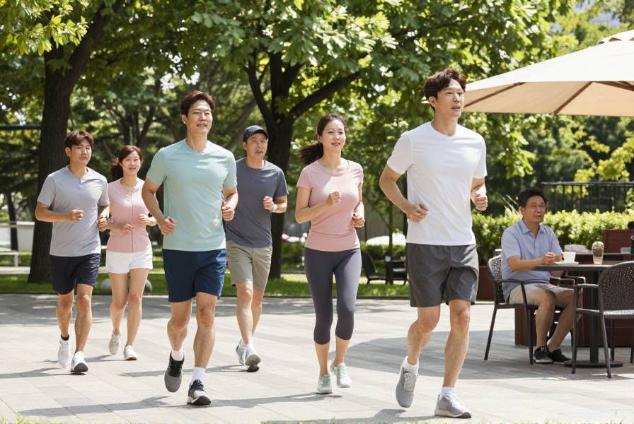 한국인들이 공원에서 조깅하고 건강한 생활 습관을 즐기는 모습
