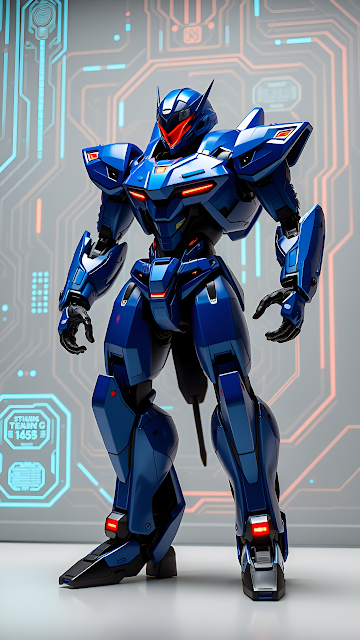 Sleek Blue Mecha Robot Warrior Against Circuit Board Display - Free mobile Wallpaper
