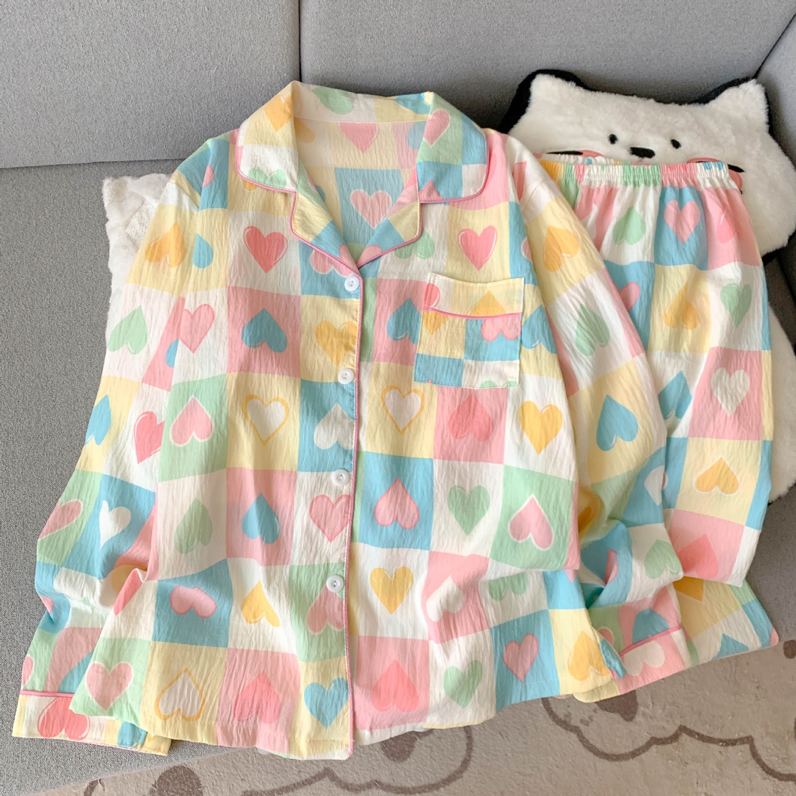 Women's Pajama Set, long-sleeved, with button placket, cartoon style