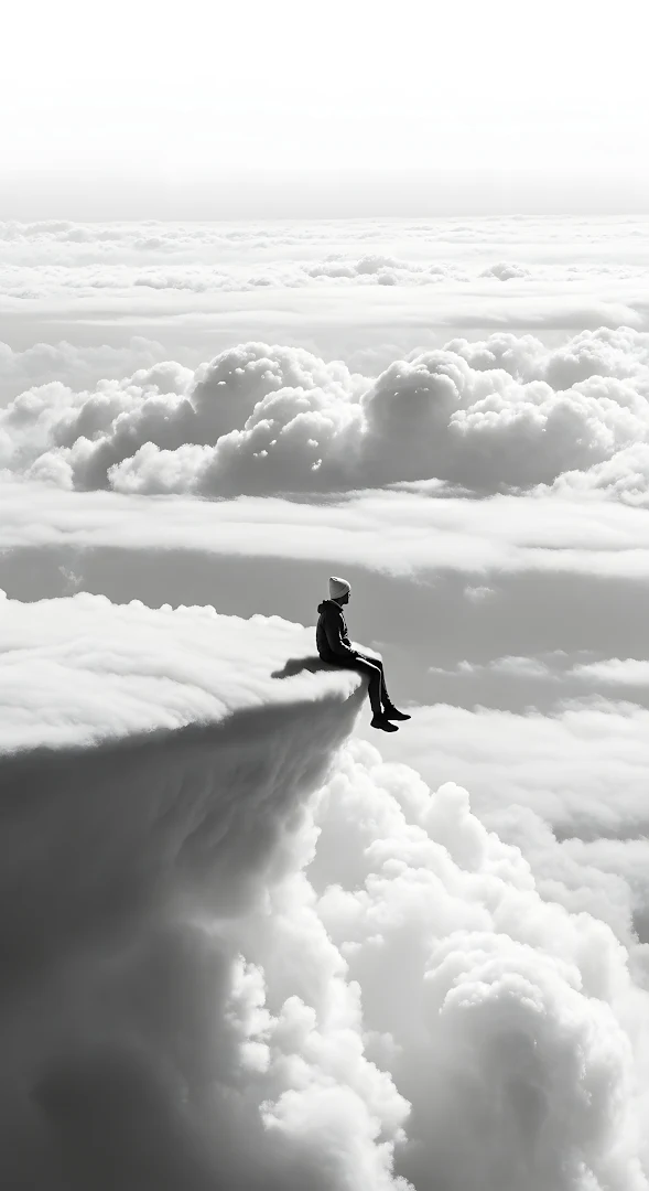 Solitude Above Clouds Edge Monochrome Surreal View