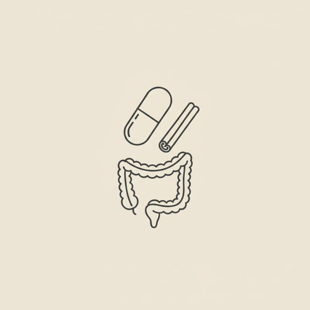 Minimalist Tonum-style line illustration of a berberine capsule, cinnamon twig and simple intestine icon on a beige background (#F2E5D5).