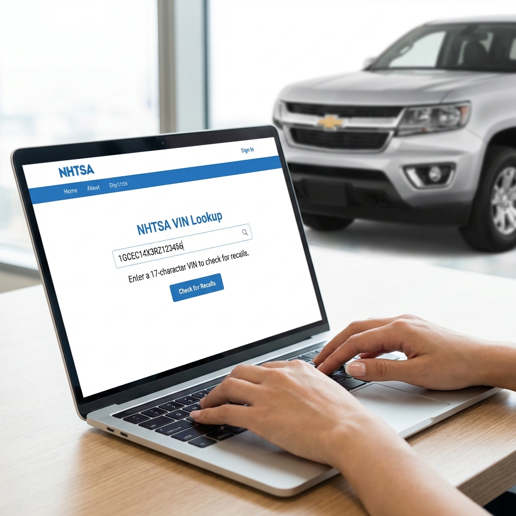 Close up of hands entering a VIN on a laptop showing the NHTSA VIN lookup page with a used Chevy Colorado for sale blurred in the background clean white minimalist workspace