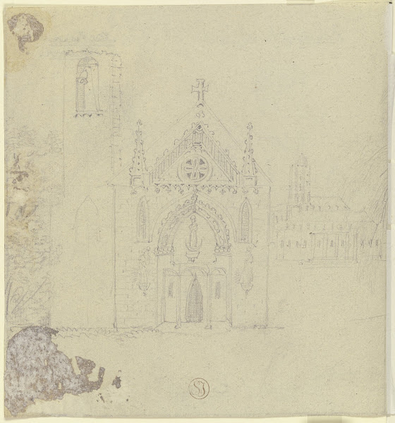 Gotische Kirchenfassade mit läutender Glocke ca 1820