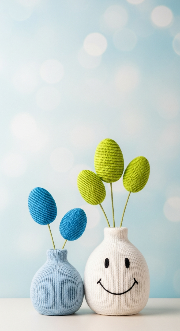 Cute Knitted Vases with Fabric Plants and Bokeh Background - Free 4K mobile Wallpaper