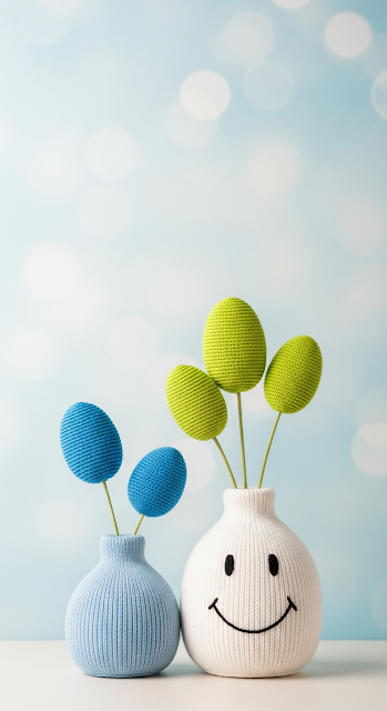 Cute Knitted Vases with Fabric Plants and Bokeh Background - Free mobile Wallpaper