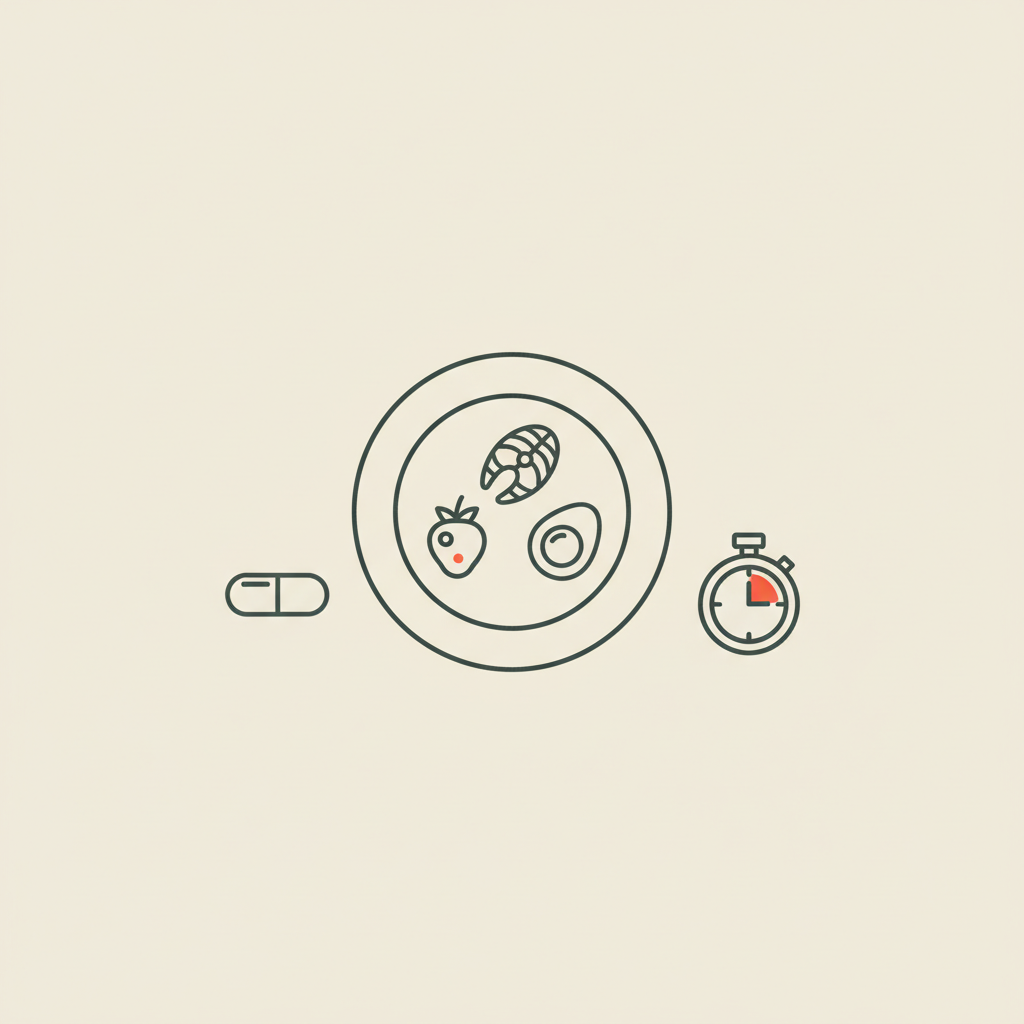Minimalist Tonum-style line illustration of a capsule, balanced plate with a berry, fish, and egg, plus a stopwatch on beige background — which weight loss drug has the most weight loss