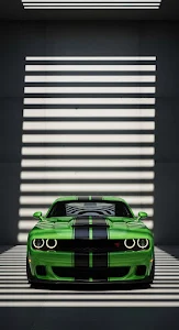 Modern Green Muscle Car in Concrete Industrial Garage