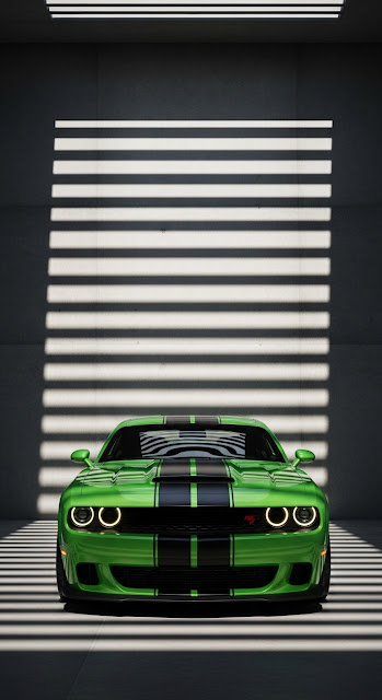 Modern Green Muscle Car in Concrete Industrial Garage - Free mobile Wallpaper