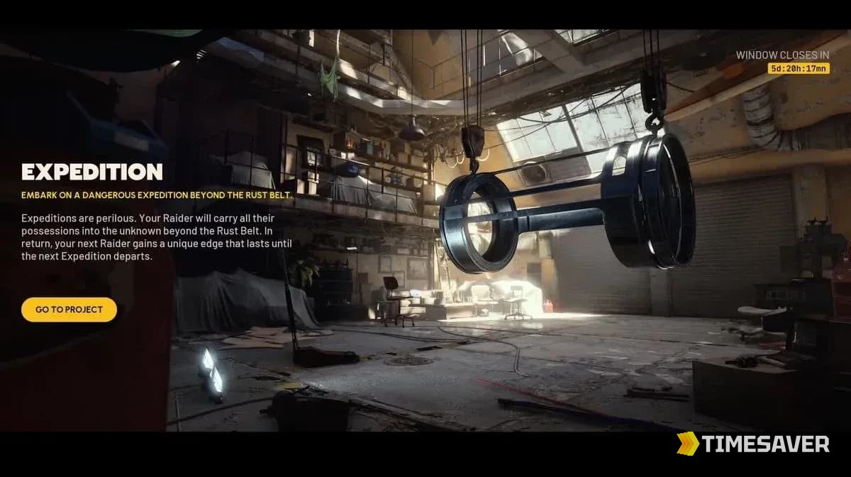 ARC Raiders in-game Expedition project screen with the departure window countdown