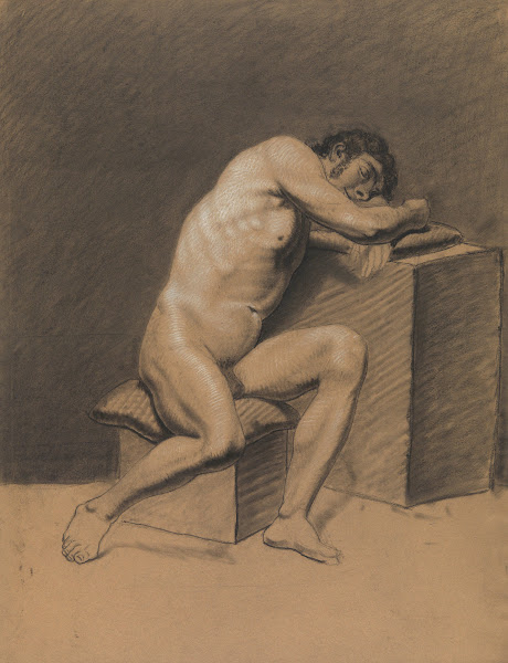 Seated male nude leaning on a block 19th century