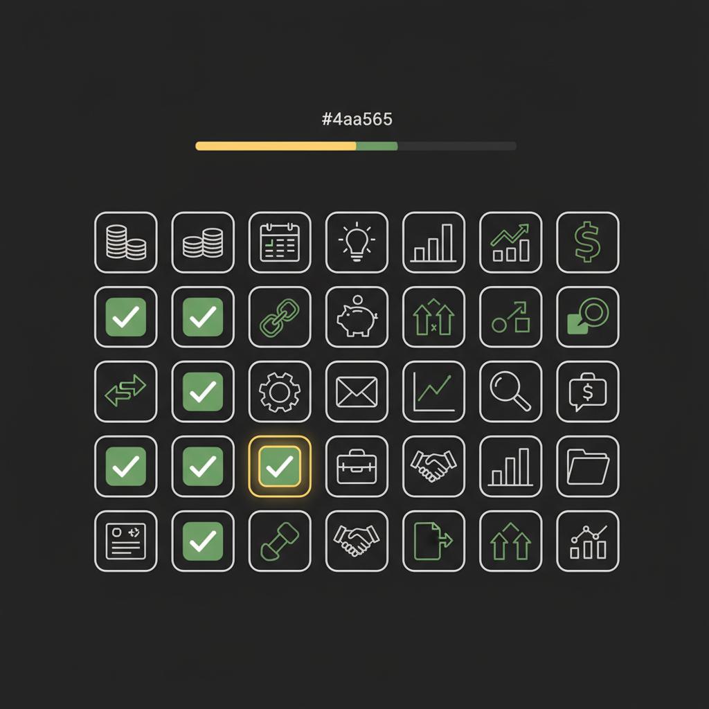 Minimalist 2D vector checklist for a 30 day income experiment with 30 icon based checkboxes and progress accents in Finance Police colors showing streams of income