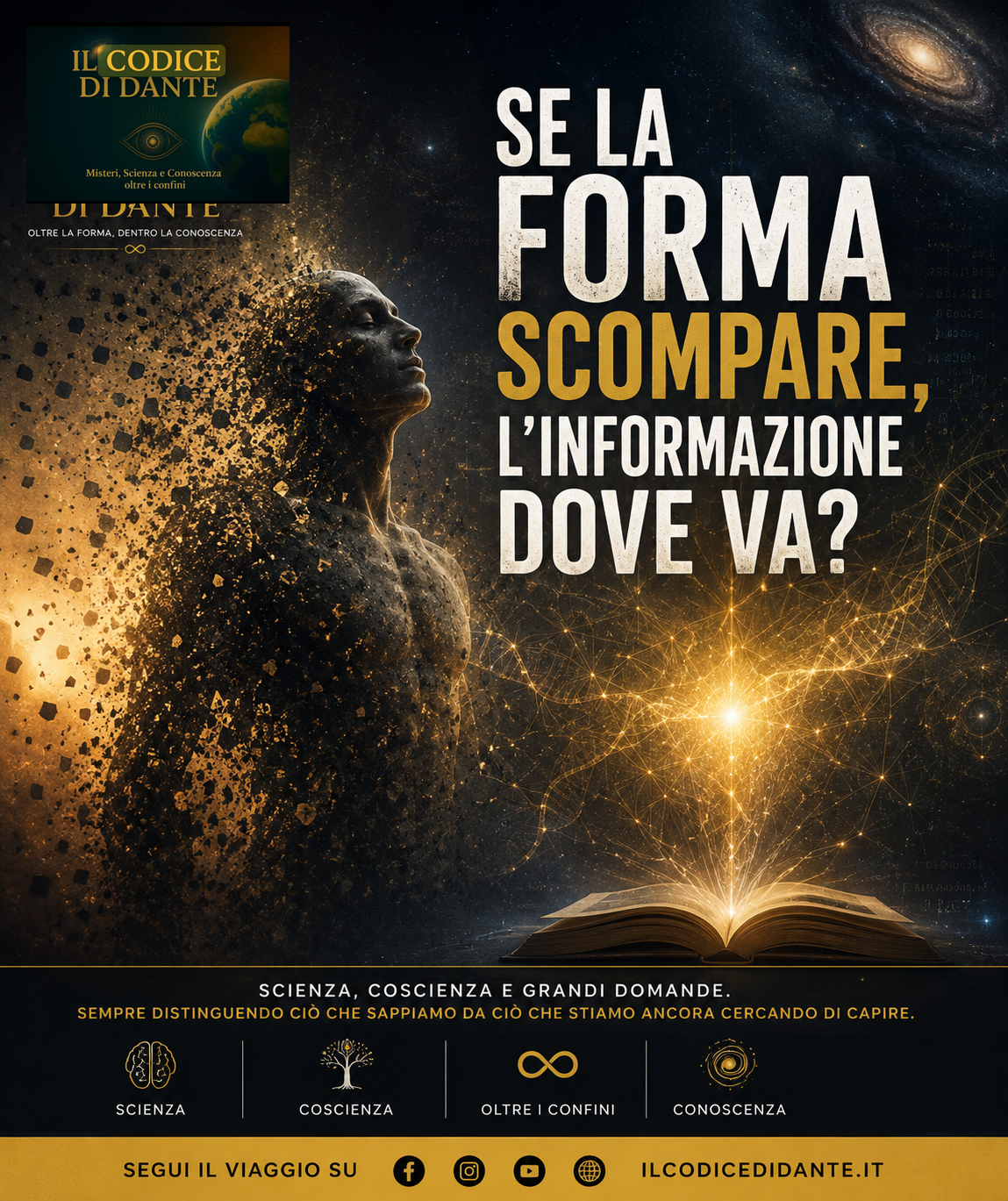 Figura umana che si dissolve in particelle luminose lasciando una rete informativa sospesa nello spazio