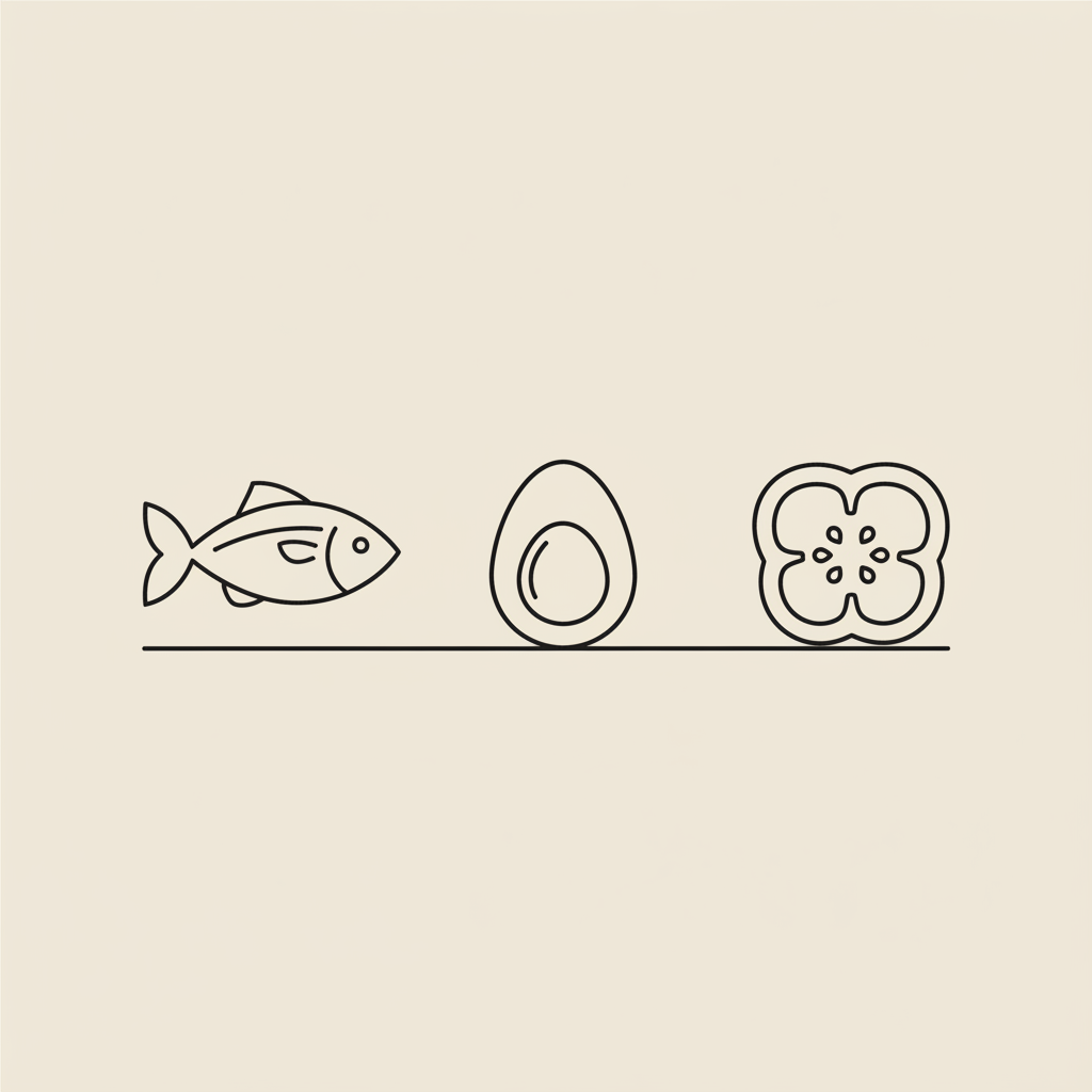 Minimalist line icons of fish, egg, and sliced bell pepper on beige background representing most important vitamins in nutrition