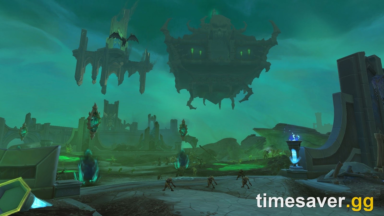 WoW dungeon combat with mobs and a Mythic+ keystone-style UI element