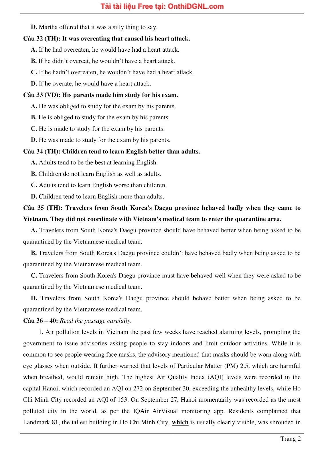 800 bài tập môn Tiếng Anh - Ôn thi ĐGNL ĐHQG TP HCM Phần 40