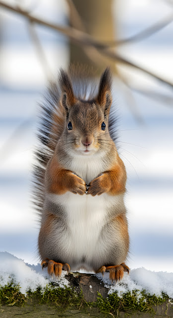 Adorable Red Squirrel Winter Portrait Fluffy Tail Snow - Free mobile Wallpaper