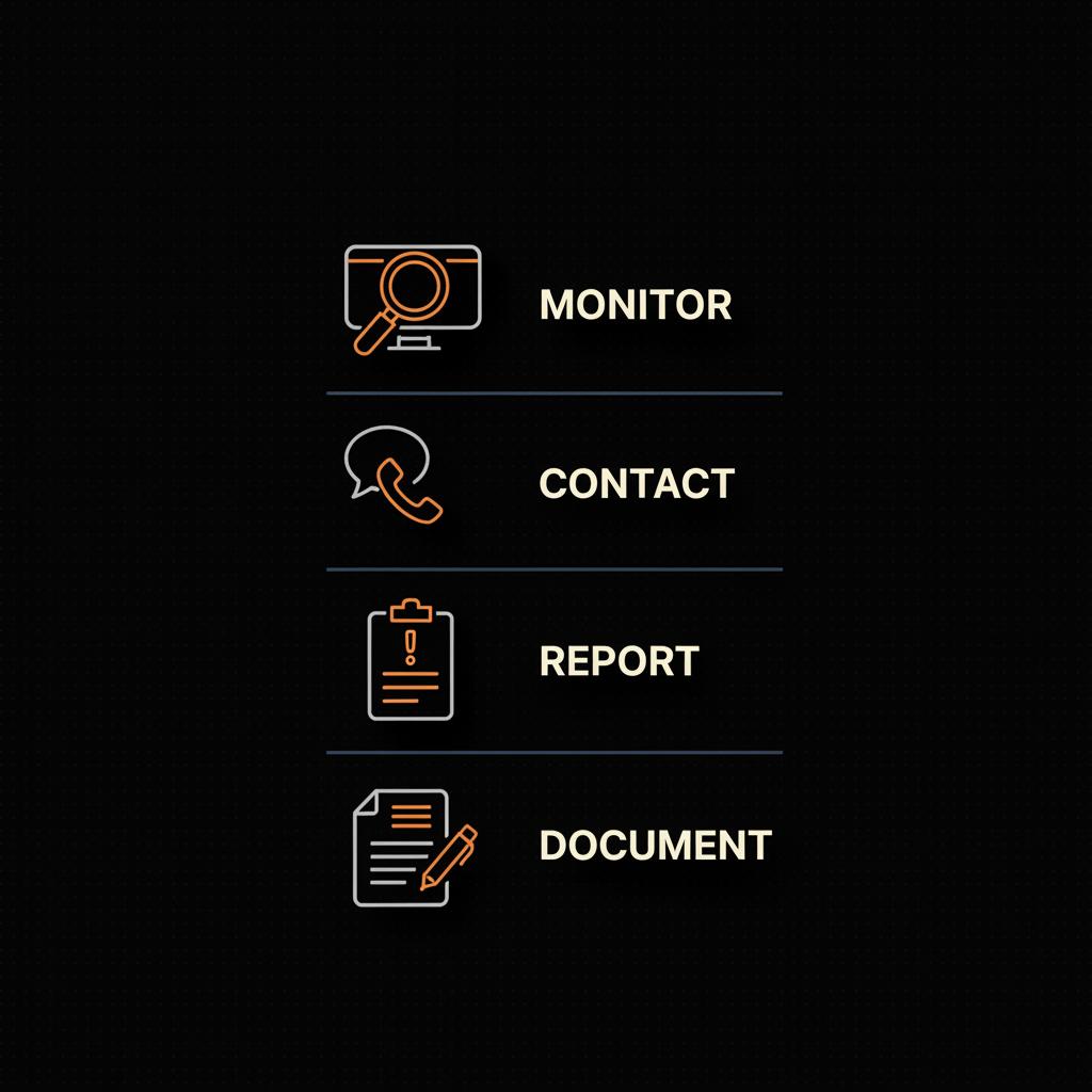 Minimal black-background checklist infographic with vector icons for Monitor, Contact, Report, Document using Social Success Hub colors to help claim a taken Instagram username.