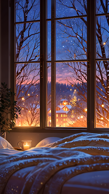 Cozy Winter Window View Village Lights Snowfall Hygge - Free mobile Wallpaper