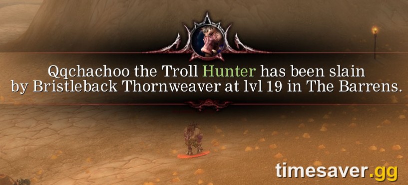 On Hardcore, death is permanent and public — a server-wide death log announces every fallen character, like this Troll Hunter slain at level 19 in The Barrens. Any gold in that character's bags dies with it.