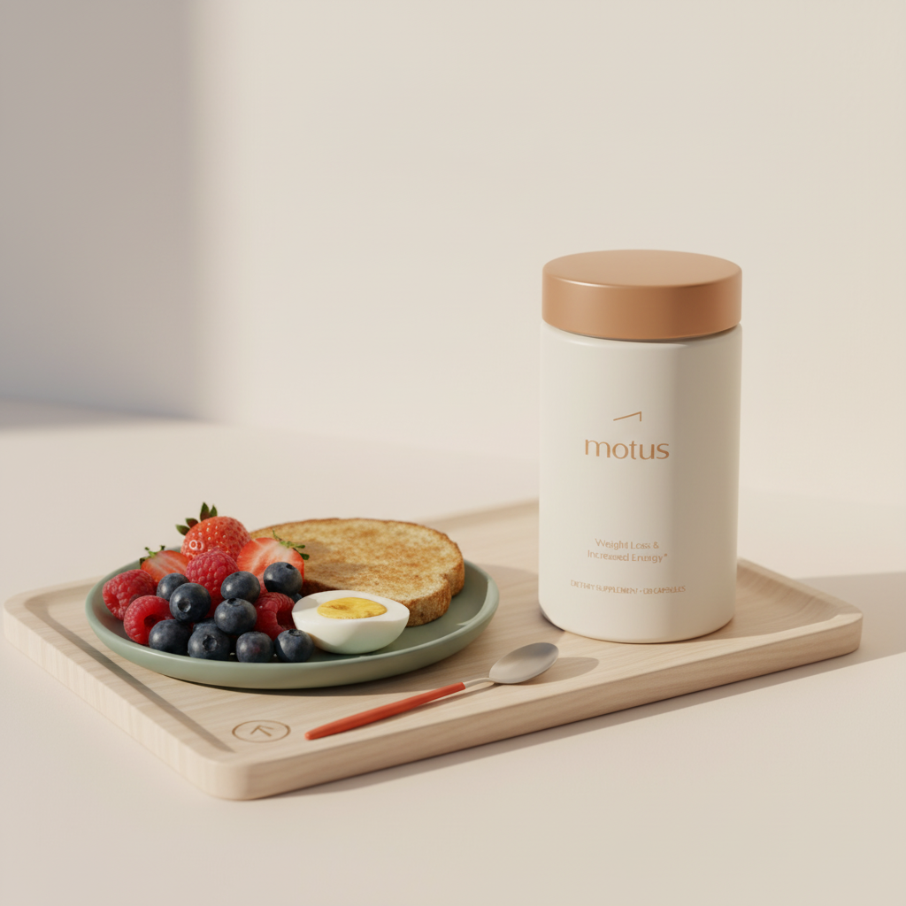 Tonum Motus supplement jar on a pale wooden tray beside berries, whole-grain toast and a boiled egg — lifestyle scene illustrating pills for weight loss