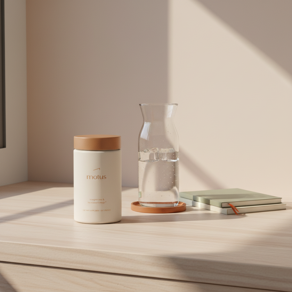 Minimalist still-life of Tonum Motus supplement bottle on a wooden counter with a glass carafe and notebooks, illustrating chromium for appetite control