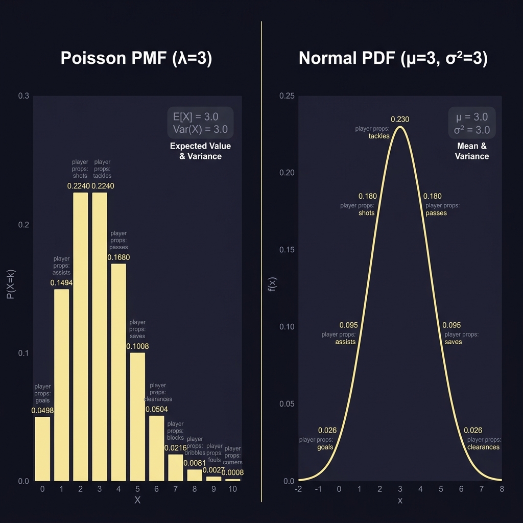 Split infographic comparing a Poisson probability mass plot and a normal distribution curve annotated for player props showing probabilities expected value and variance How to Price Player Props