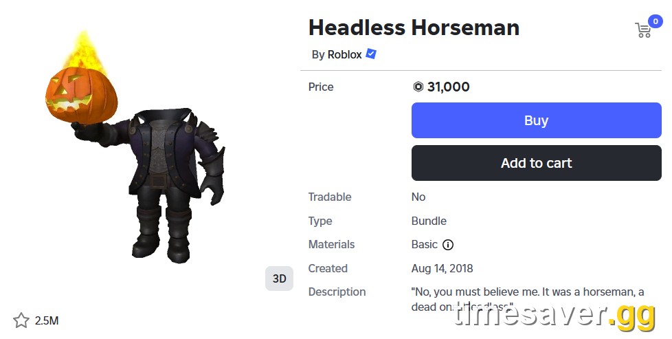 Roblox Marketplace listing for the Headless Horseman bundle showing the 31,000 Robux price and Buy button