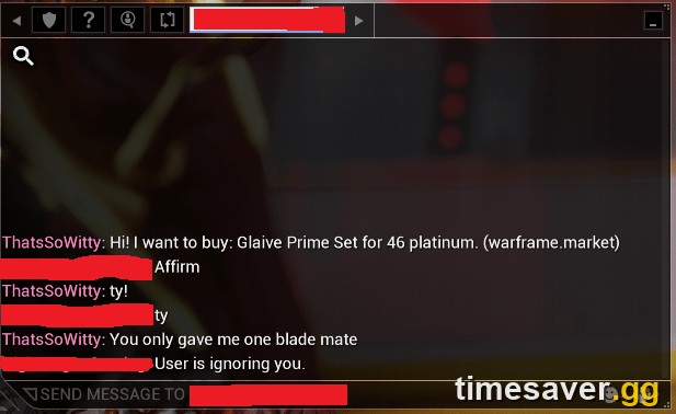 An in-game trade being negotiated in chat, with a price quoted from warframe.market