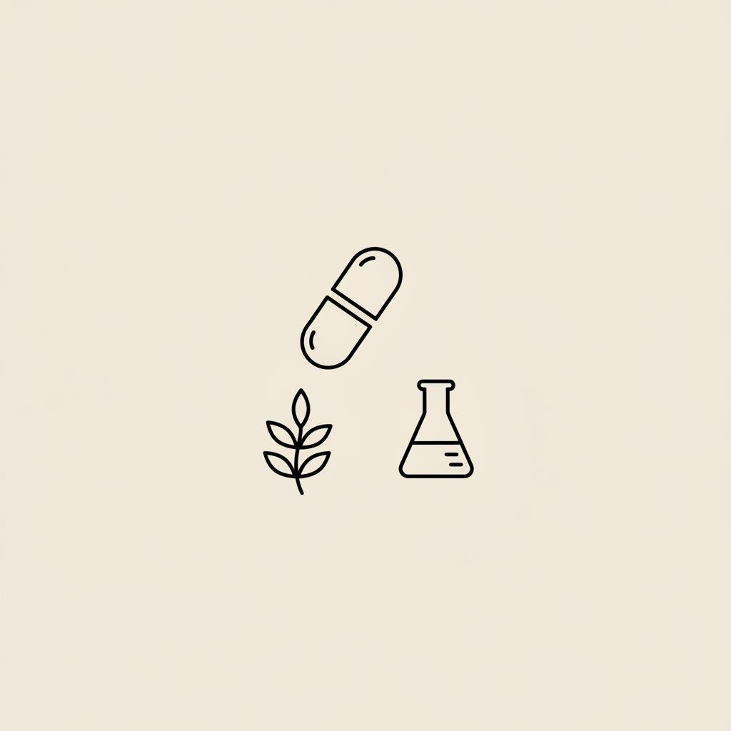 Minimal line-art capsule, plant sprig and tiny lab beaker on beige background referencing Which is safer Ozempic or Rybelsus in Tonum’s clean vector style