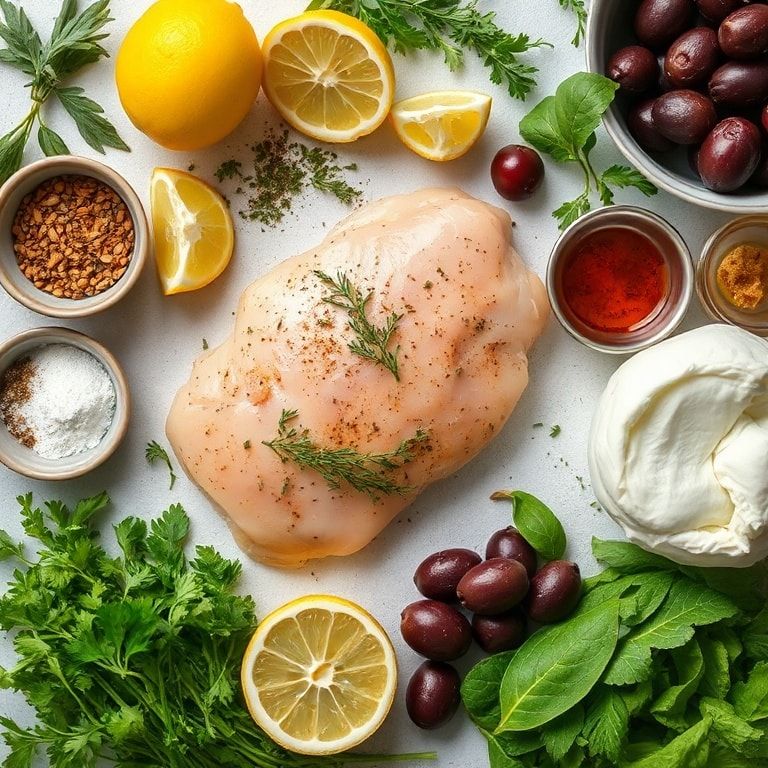 Ingredients for Easy Mediterranean Lemon Chicken with Artichokes and Olives - Quick & Flavorful 30-Minute Meal