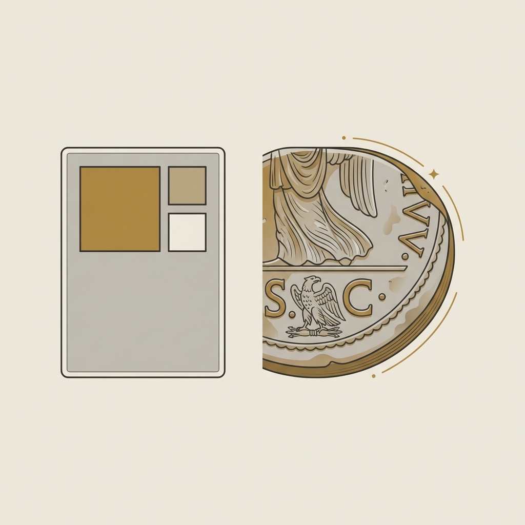 Minimalist vector side by side comparison of an authentic roman coin necklace catalog card and a detailed coin exergue close up on warm beige background