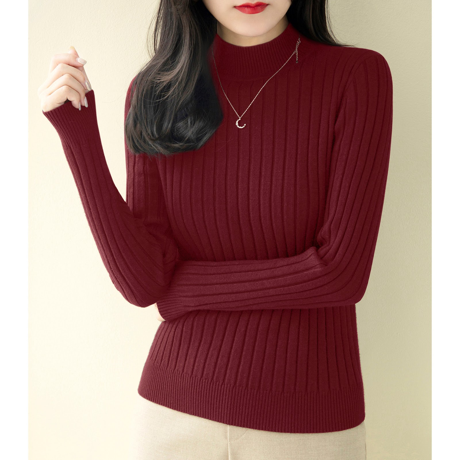 Women's knitted sweater with a half stand-up collar, fitted
