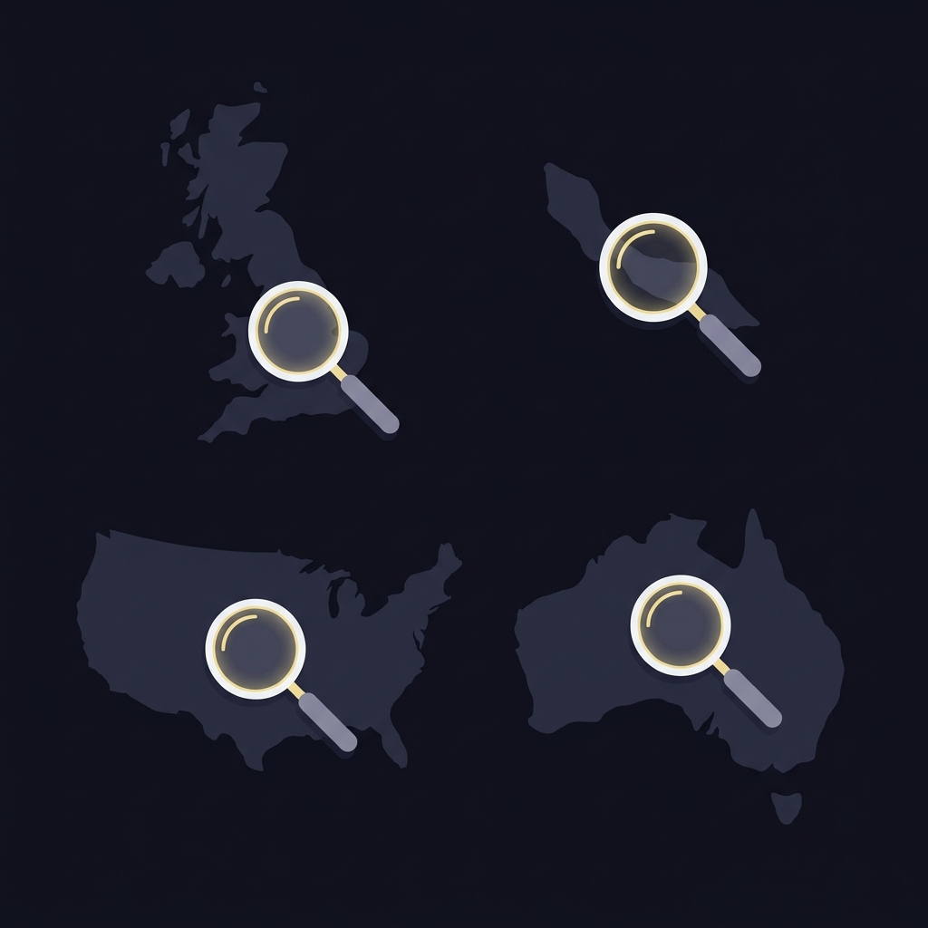 Minimal vector map showing United Kingdom United States Australia and Curaçao with magnifying glass icons marking jurisdiction checks for 1bettor sportsbook
