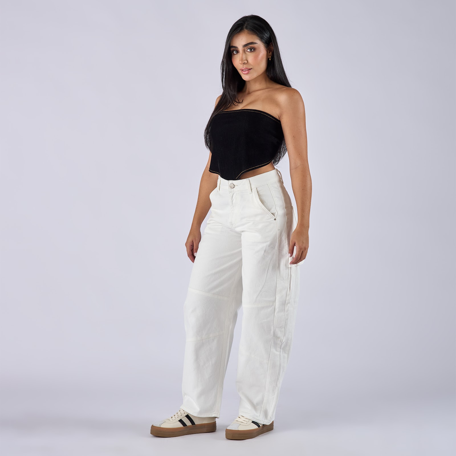Jean barrel rígido tiro medio en denim, color ivory - Vista 2