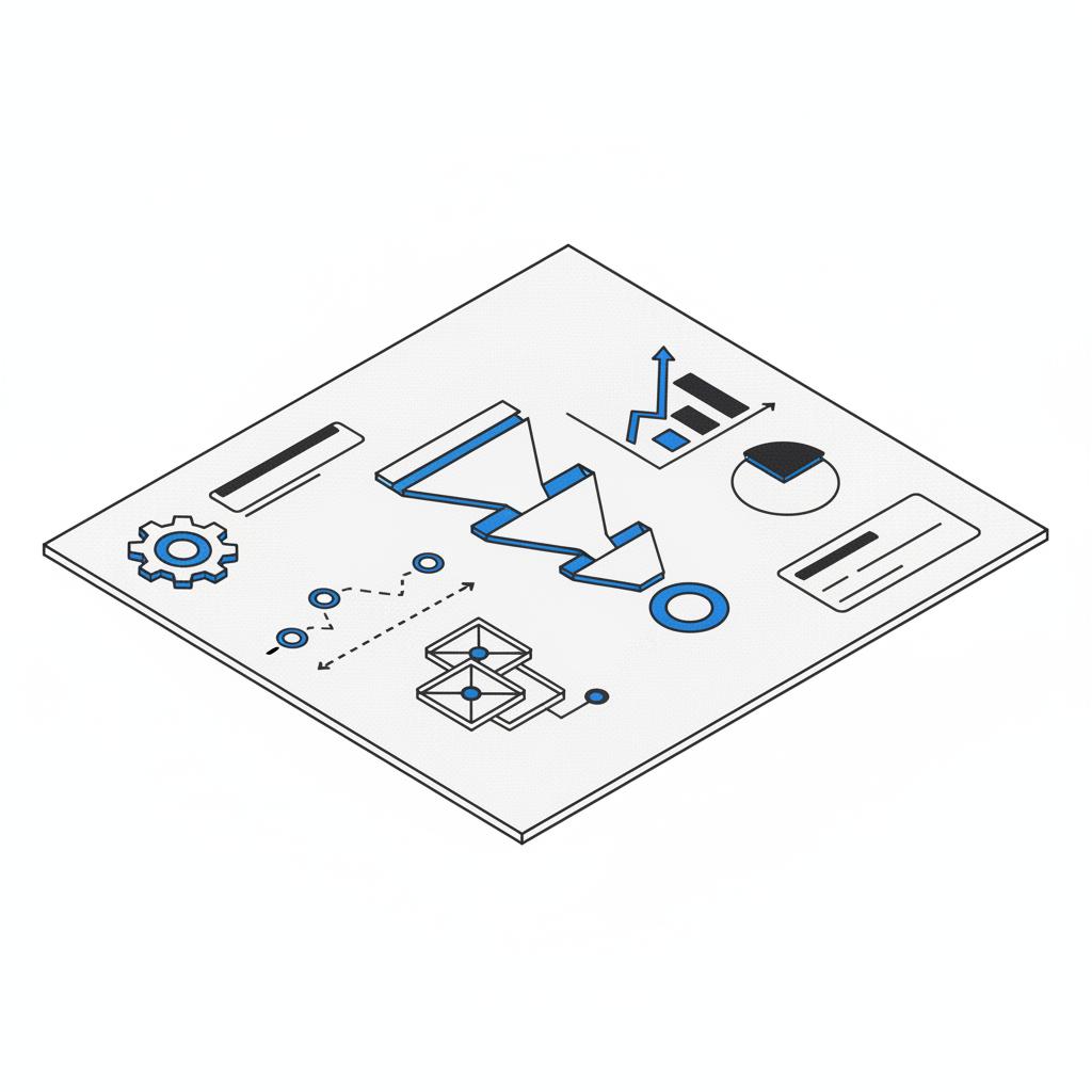 Minimal isometric 2D vector wireframe on white paper background showing headline block, testimonial box, and abstract business-card with pin and stars &mdash; Google expert
