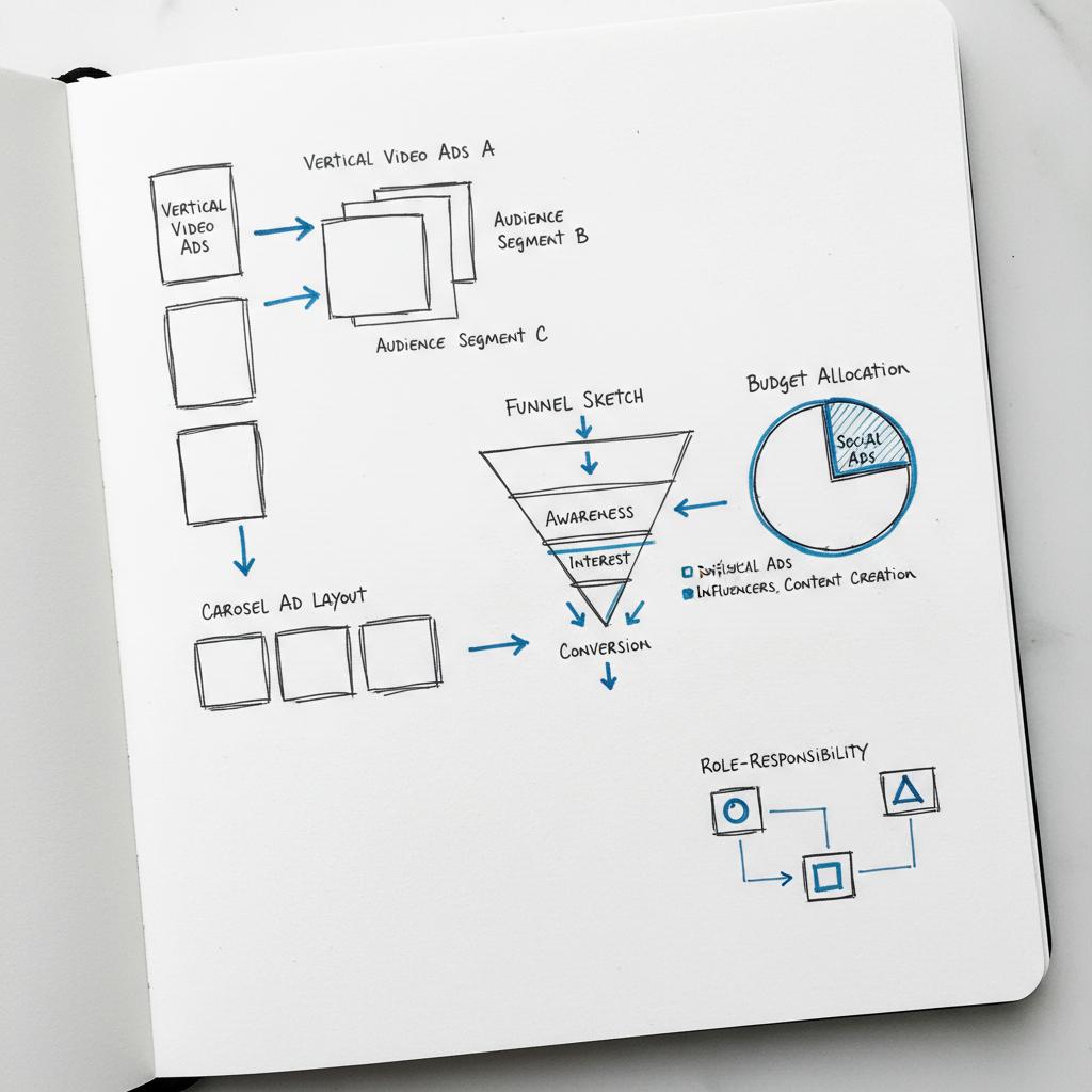 Close-up planner page with hand-sketched ad concepts for event promotion&mdash;vertical video frames, carousel layout and audience-segment arrows; minimalist white paper with dark-gray ink and blue highlights, how to advertise an event on Meta