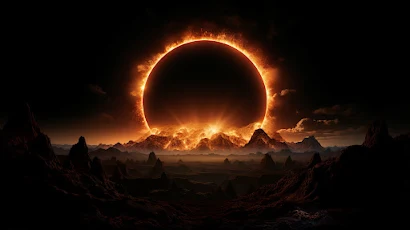 Ai Art, Eclipse , Fire, Landscape, Mountains 2K Wallpaper Background