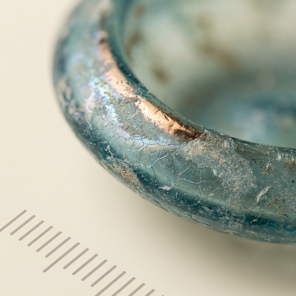 Macro close up of ancient roman glass earrings edge showing iridescence and crizzling on a minimalist cream background with small millimeter scale for size