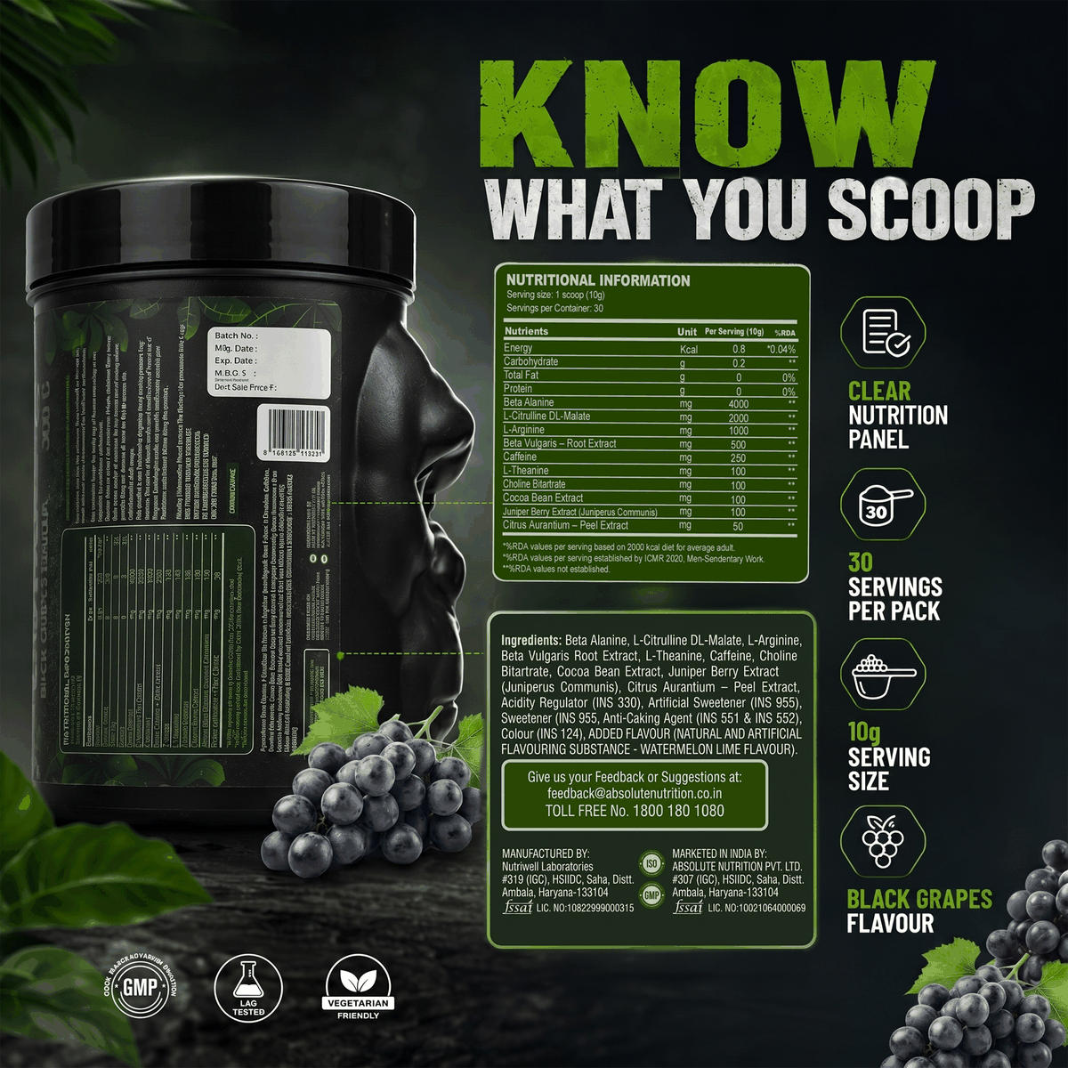 Absolute Nutrition Junglee Pre Workout — Black Grapes, 300g