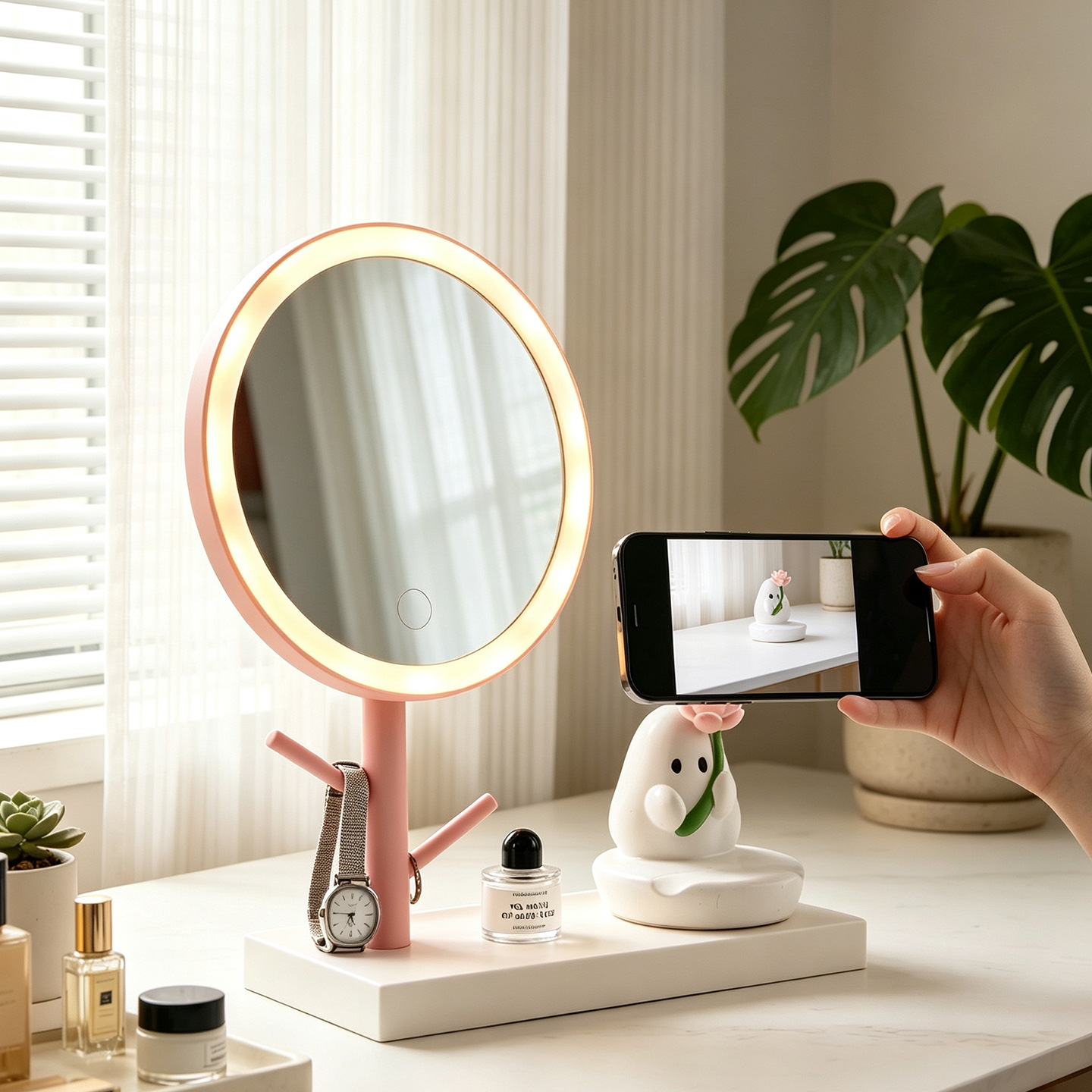 Cosmetic mirror with phone stand, ABS plastic