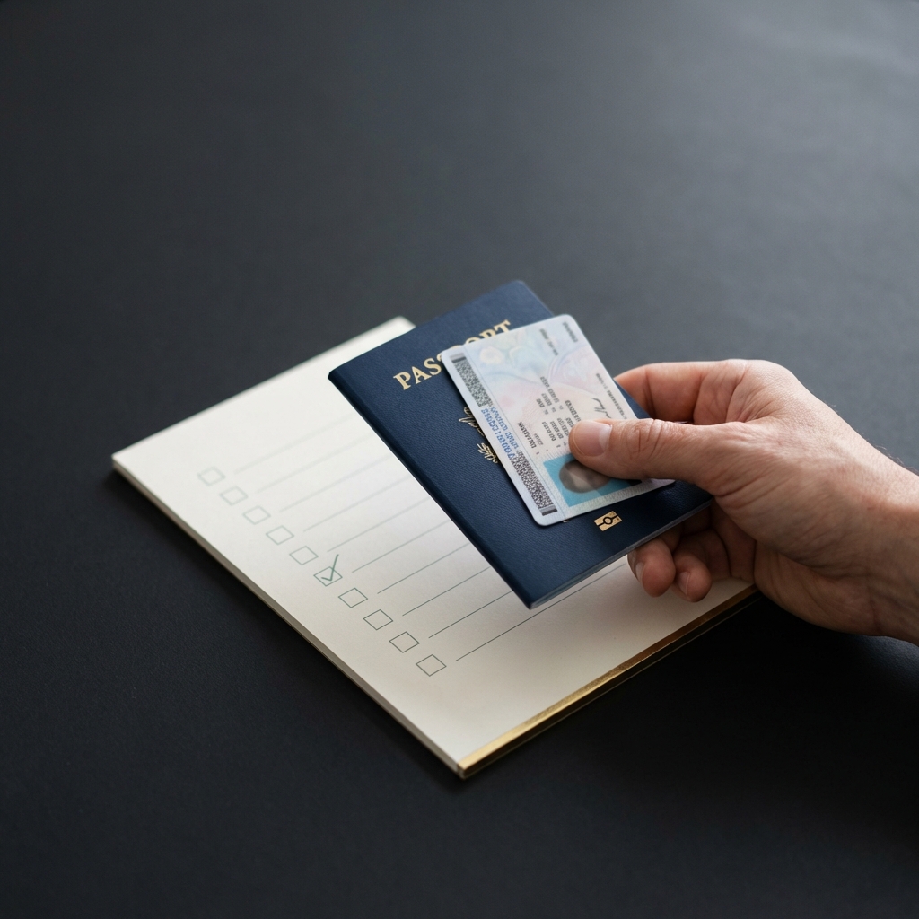 Close up of a hand holding a passport and driver license over a simple checklist sheet in Finance Police brand colors showing steps for how to start a brokerage account