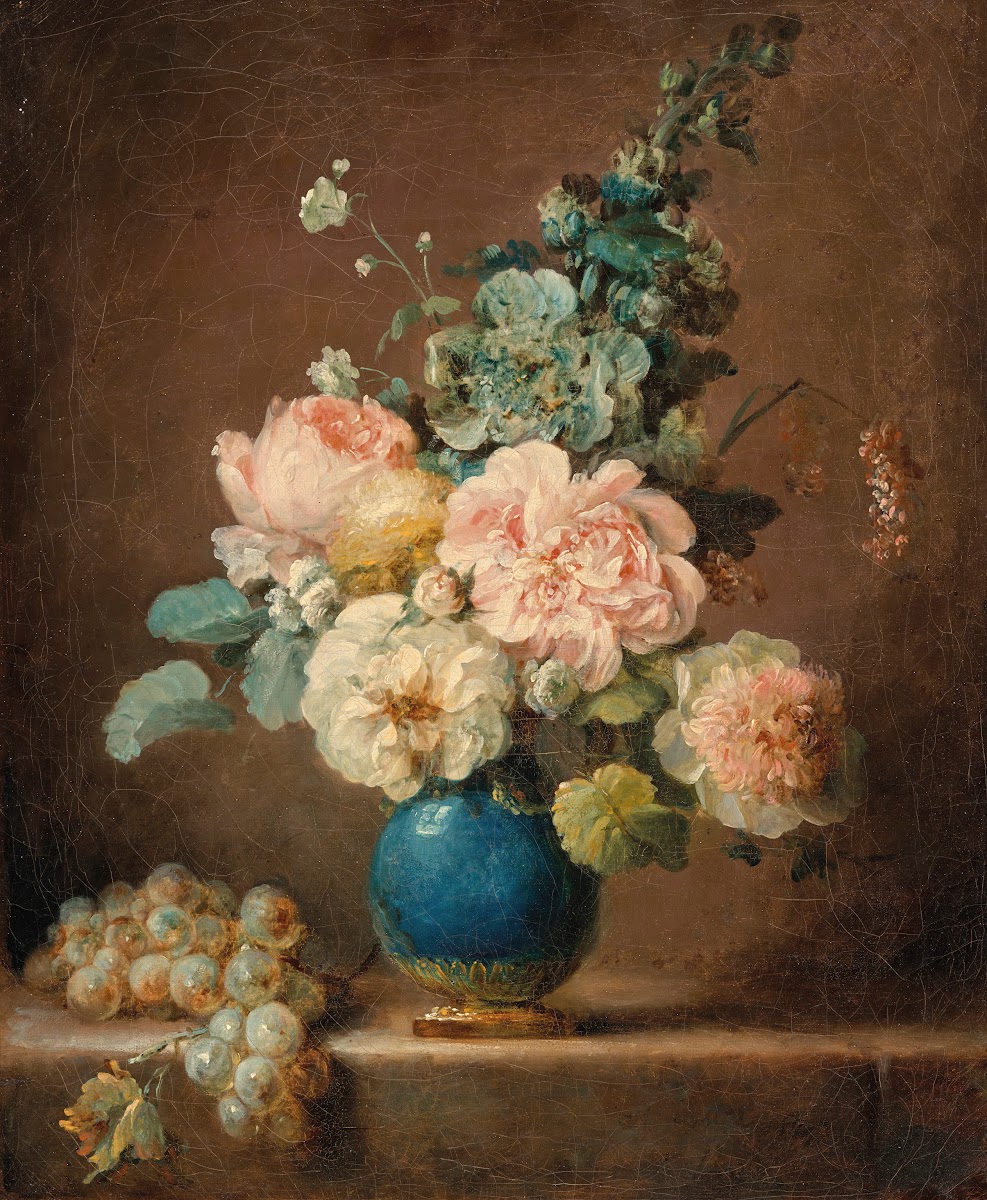 Vase de fleurs et raisins posés sur un entablement 1781
