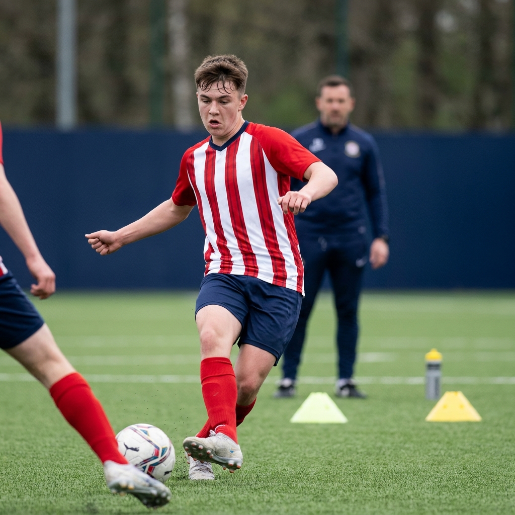 Close view of Athletic Club youth training session with players in red and white regional kit practicing passing drills minimalist composition athletic bilbao prediction