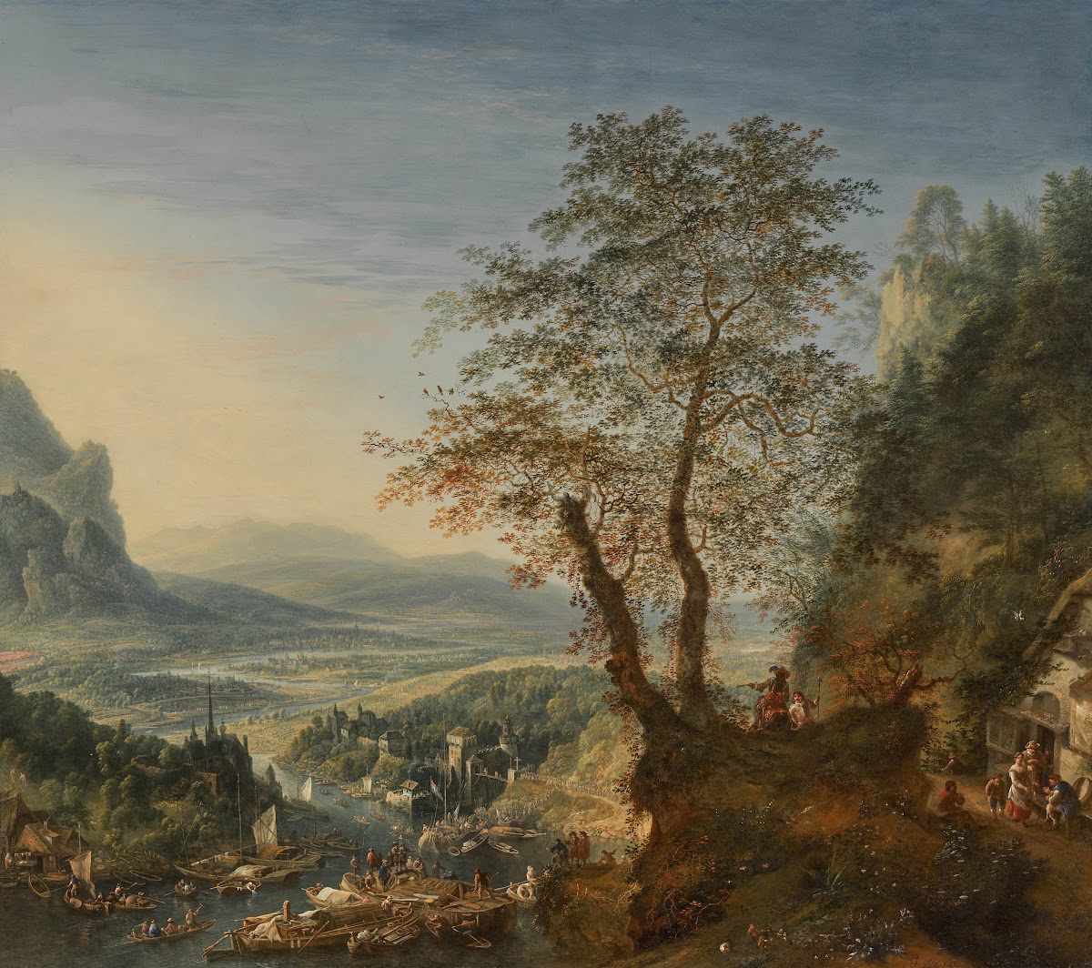 An extensive Mosan capriccio river landscape with moored boats and groups of fig