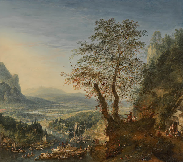 An extensive Mosan capriccio river landscape with moored boats and groups of fig